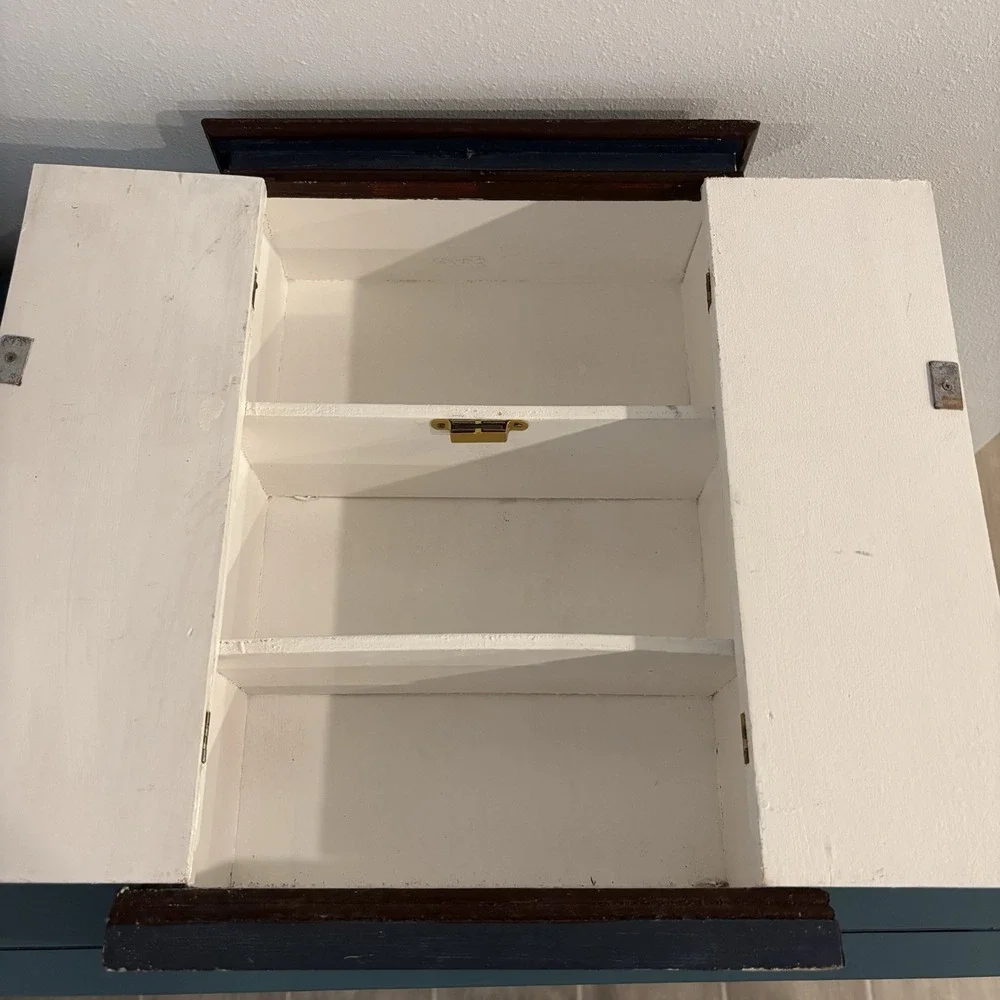 Blue Floral Painted Wood Cabinet Double Door 2 Shelves w Magnet Latch 14x10x5''